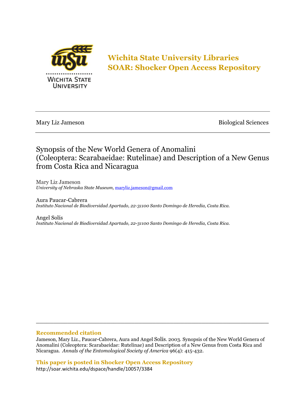 Shocker Open Access Repository Synopsis of the New World