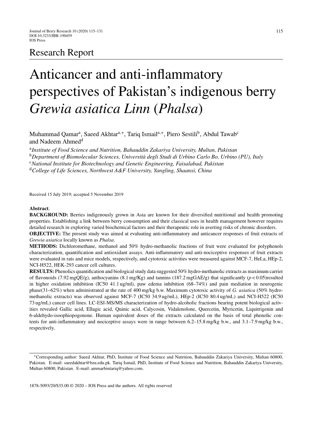 Anticancer and Anti-Inflammatory Perspectives of Pakistan's