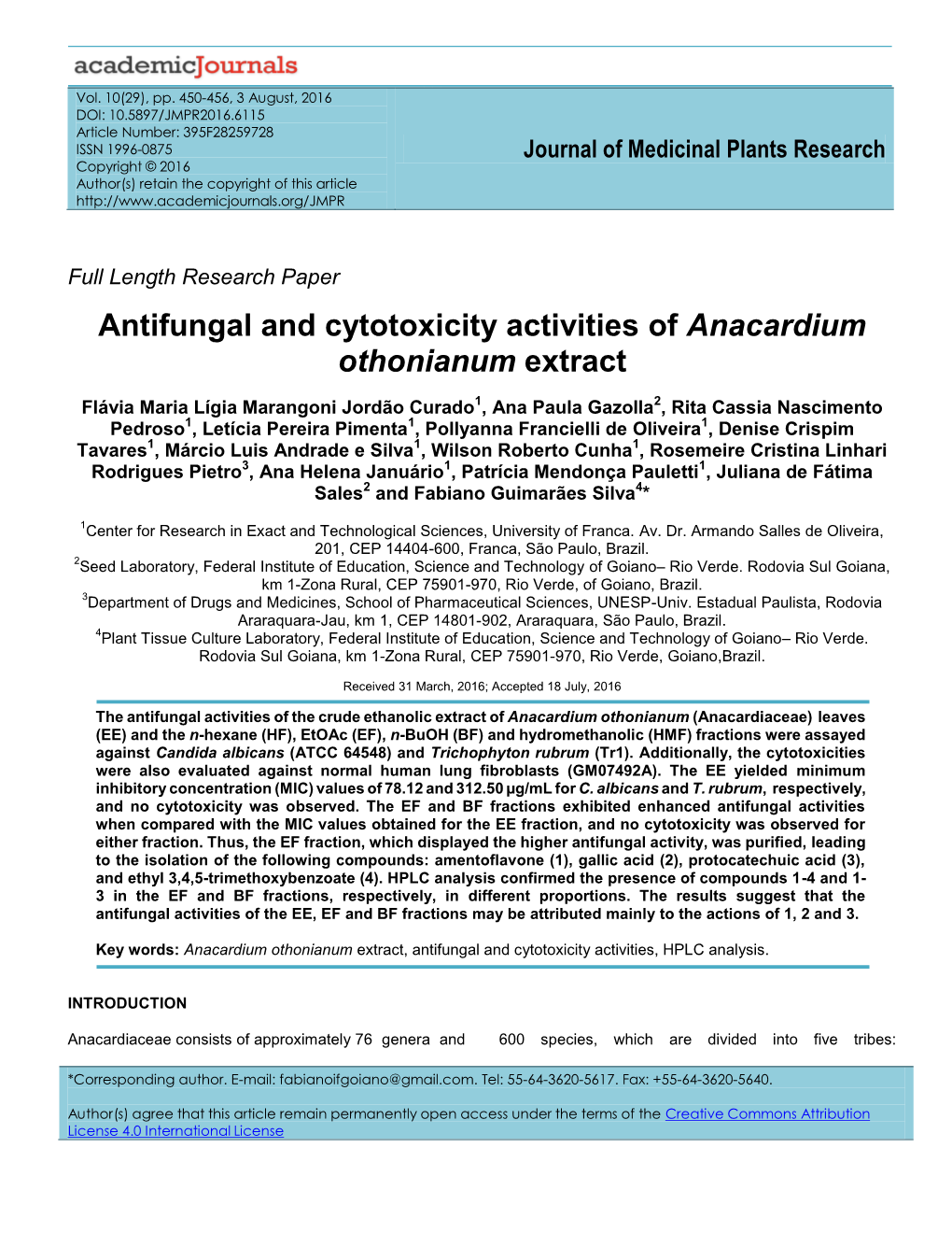 Antifungal and Cytotoxicity Activities of Anacardium Othonianum Extract