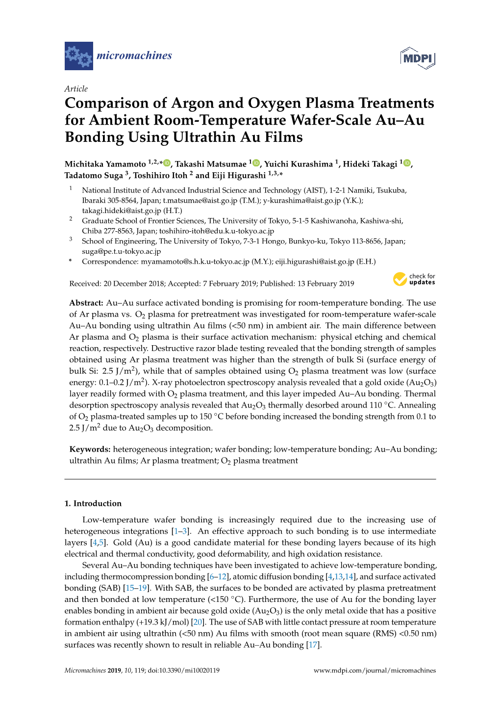 Comparison of Argon and Oxygen Plasma Treatments for Ambient Room-Temperature Wafer-Scale Au–Au Bonding Using Ultrathin Au Films