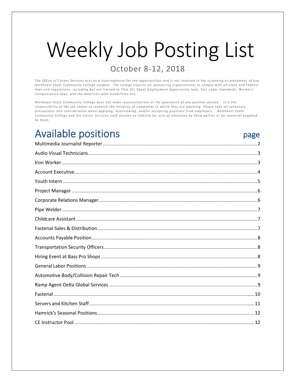 Weekly Job Posting List October 8-12, 2018