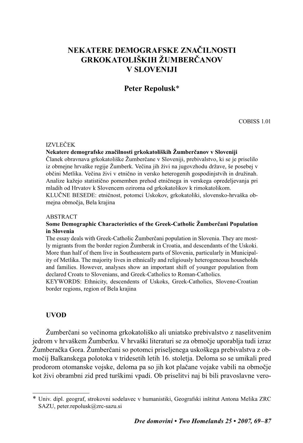 Nekatere Demografske Značilnosti Grkokatoliških Žumberčanov V Sloveniji