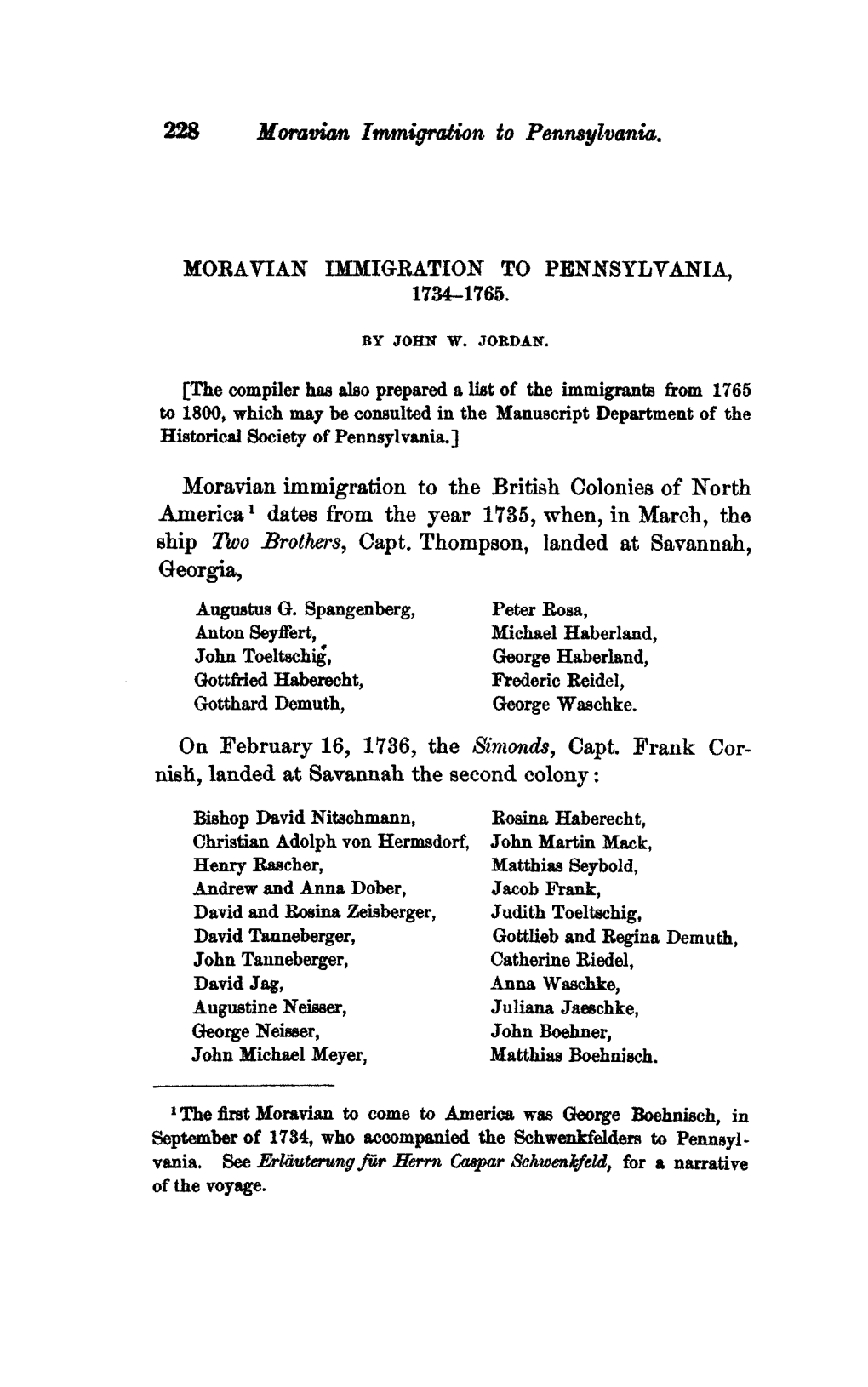 JMHJ Moravian Immigration to Pennsylvania. MOBAVIAK