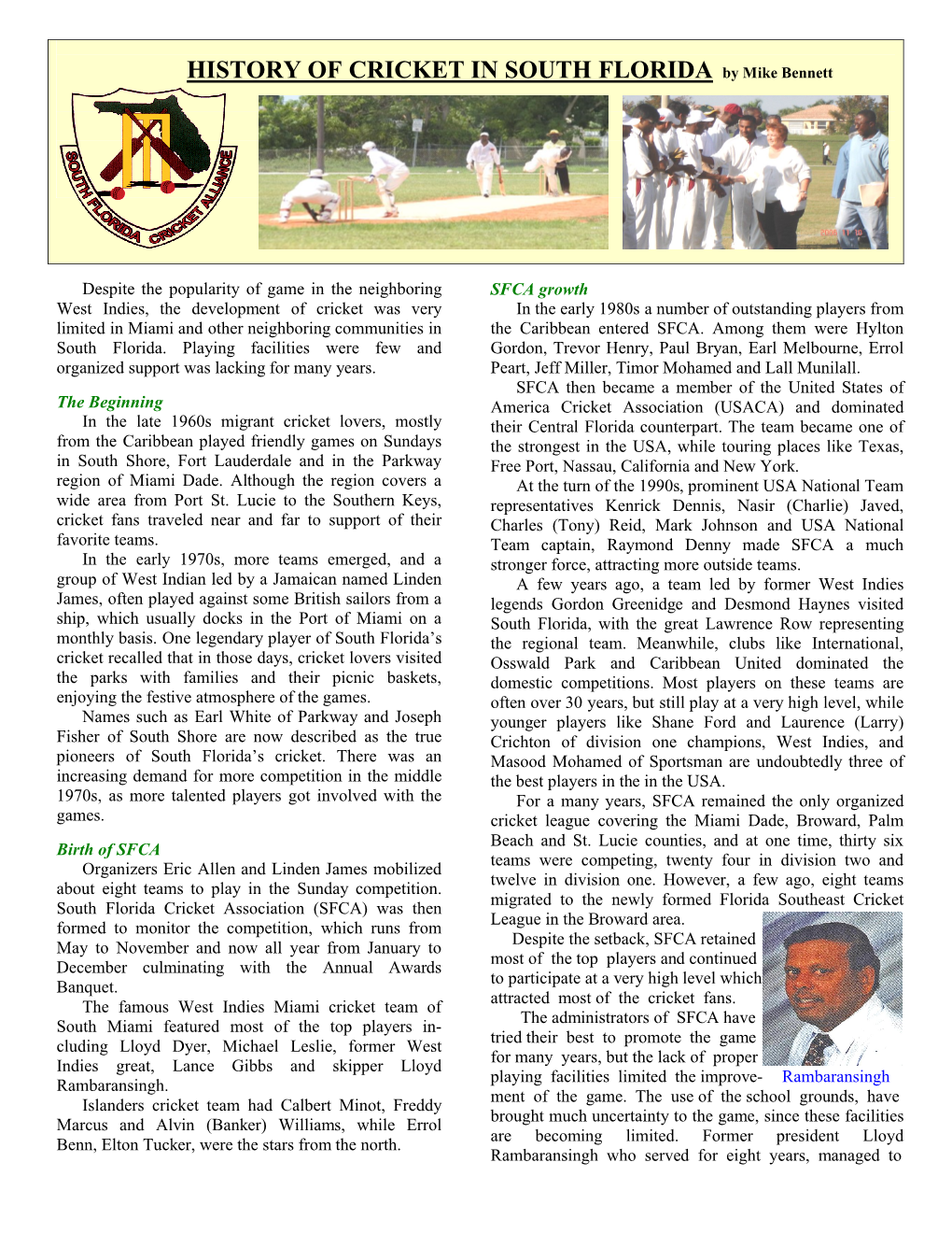 HISTORY of CRICKET in SOUTH FLORIDA by Mike Bennett