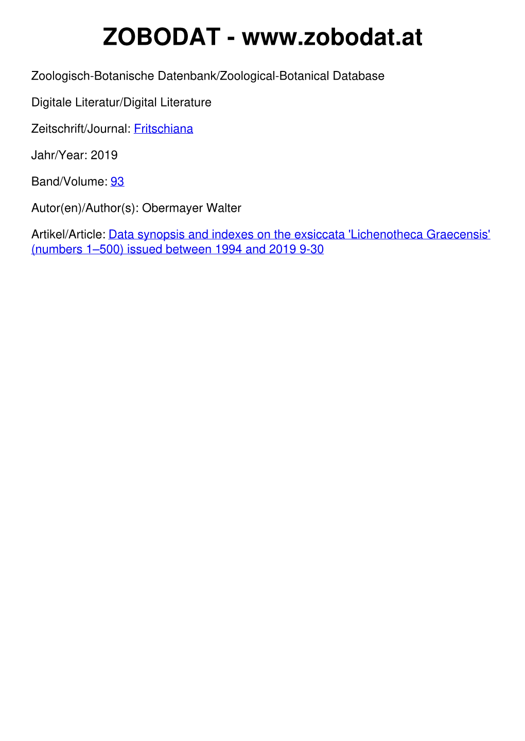 Data Synopsis and Indexes on the Exsiccata 'Lichenotheca Graecensis' (Numbers 1–500) Issued Between 1994 and 2019 9-30 ‐ 9