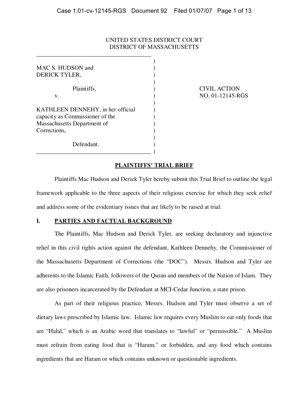 Case 1:01-Cv-12145-RGS Document 92 Filed 01/07/07 Page 1 of 13