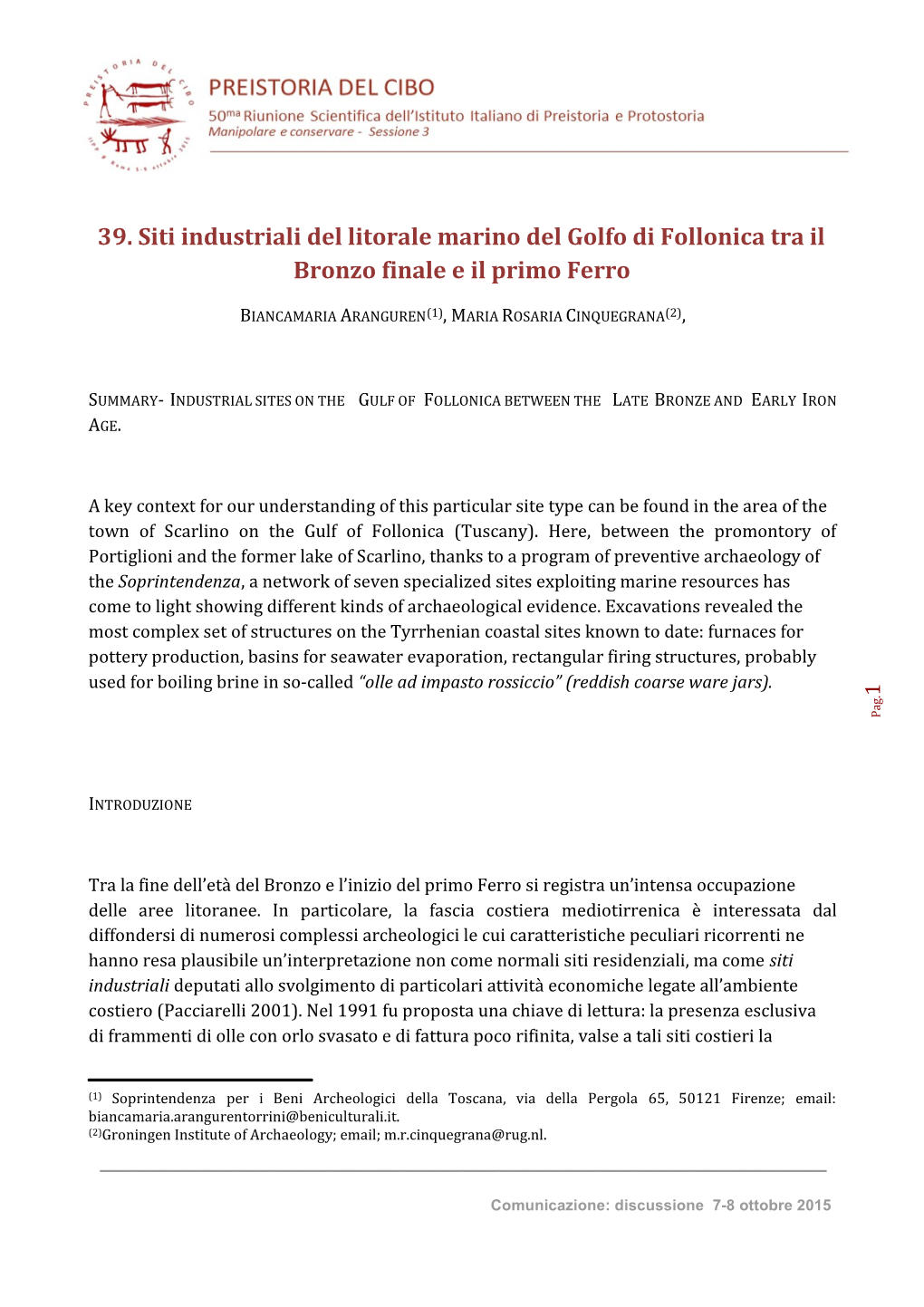 39. Siti Industriali Del Litorale Marino Del Golfo Di Follonica Tra Il Bronzo Finale E Il Primo Ferro