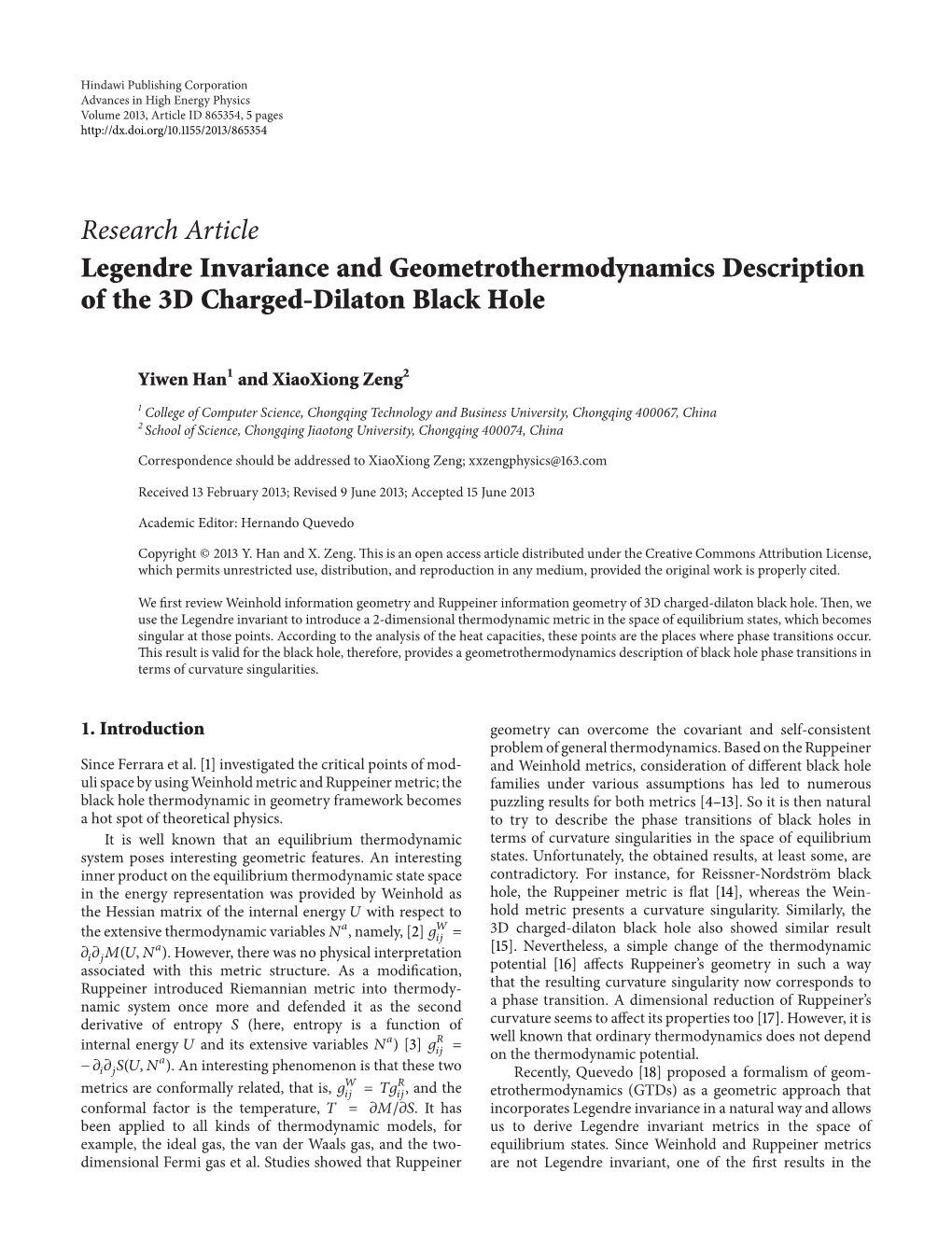 Research Article Legendre Invariance and Geometrothermodynamics Description of the 3D Charged-Dilaton Black Hole