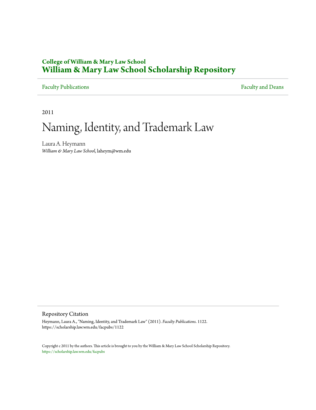 Naming, Identity, and Trademark Law Laura A