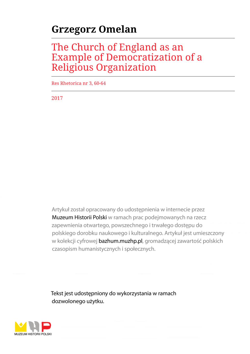 Grzegorz Omelan the Church of England As an Example of Democratization of a Religious Organization