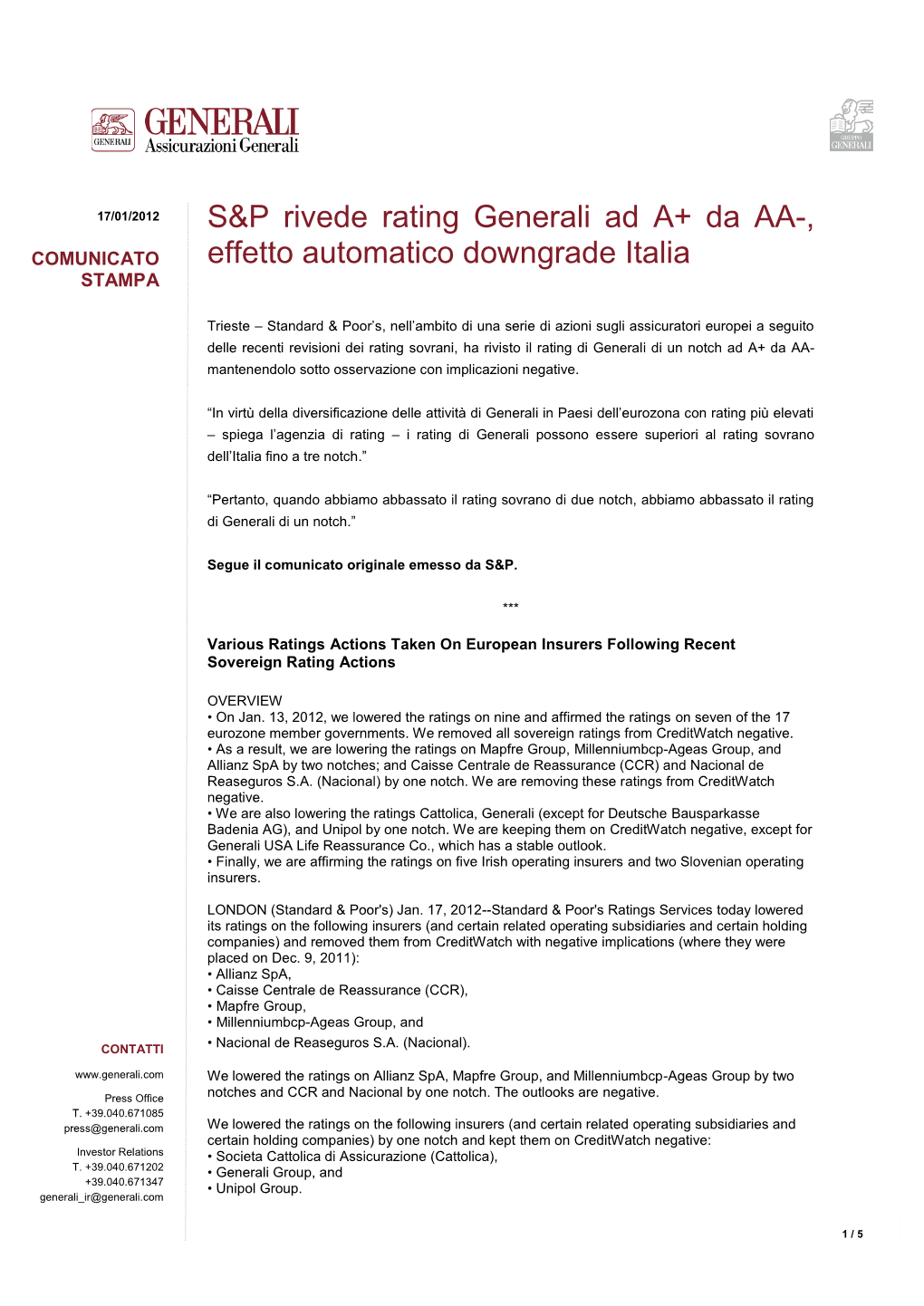 S&P Rivede Rating Generali Ad A+ Da AA-, Effetto Automatico Downgrade