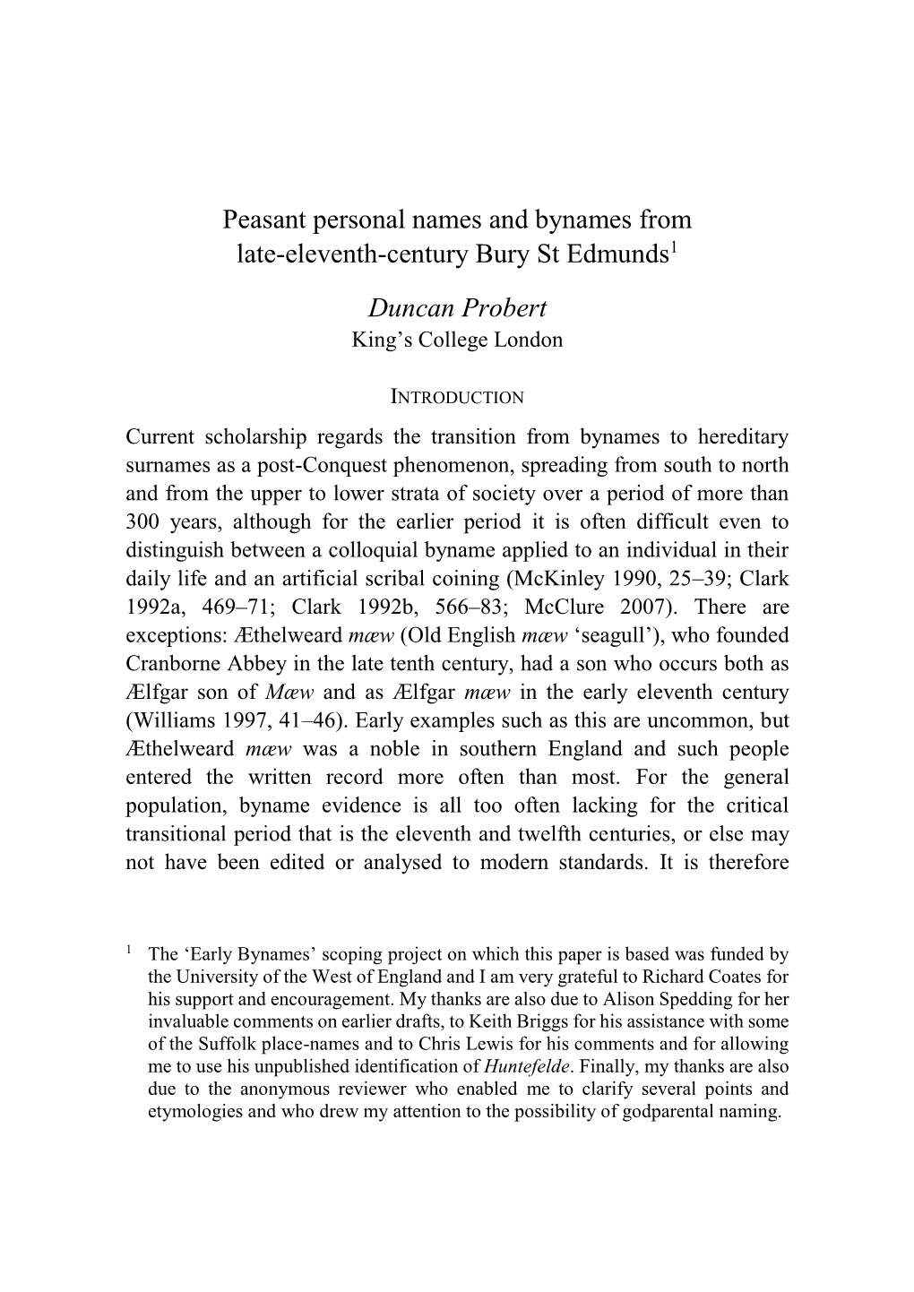 Peasant Personal Names and Bynames from Late-Eleventh-Century Bury St Edmunds1 Duncan Probert King’S College London