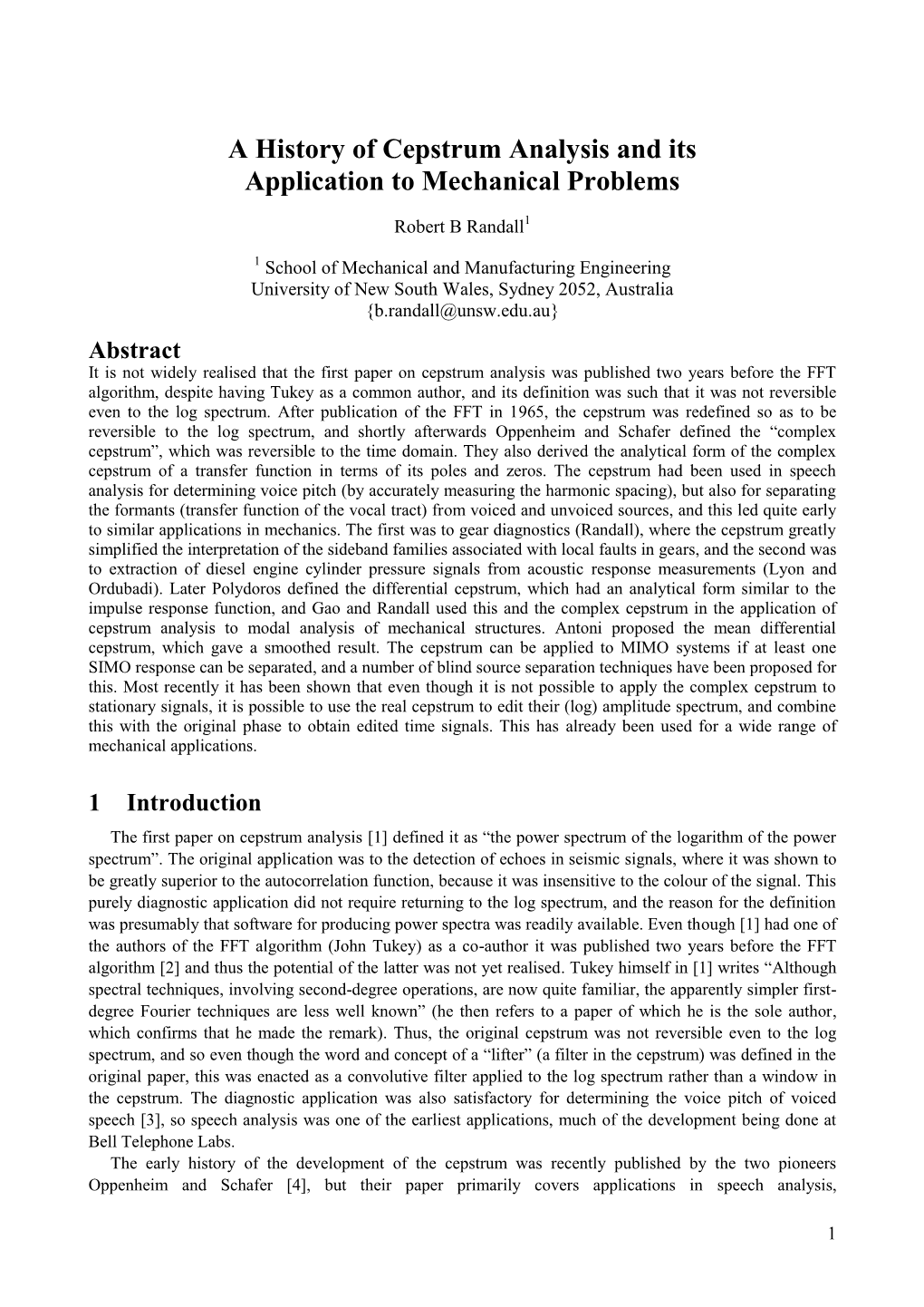 A History of Cepstrum Analysis and Its Application to Mechanical Problems