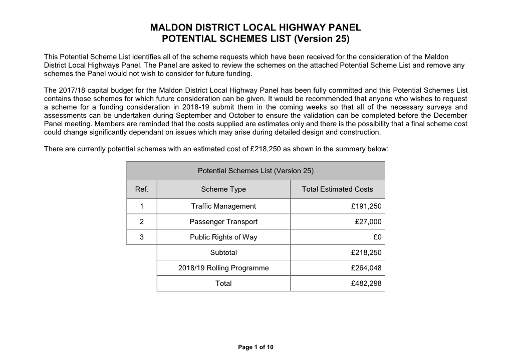 MALDON DISTRICT LOCAL HIGHWAY PANEL POTENTIAL SCHEMES LIST (Version 25)