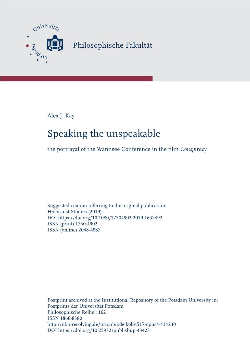 Speaking the Unspeakable: the Portrayal of the Wannsee Conference in the Film Conspiracy