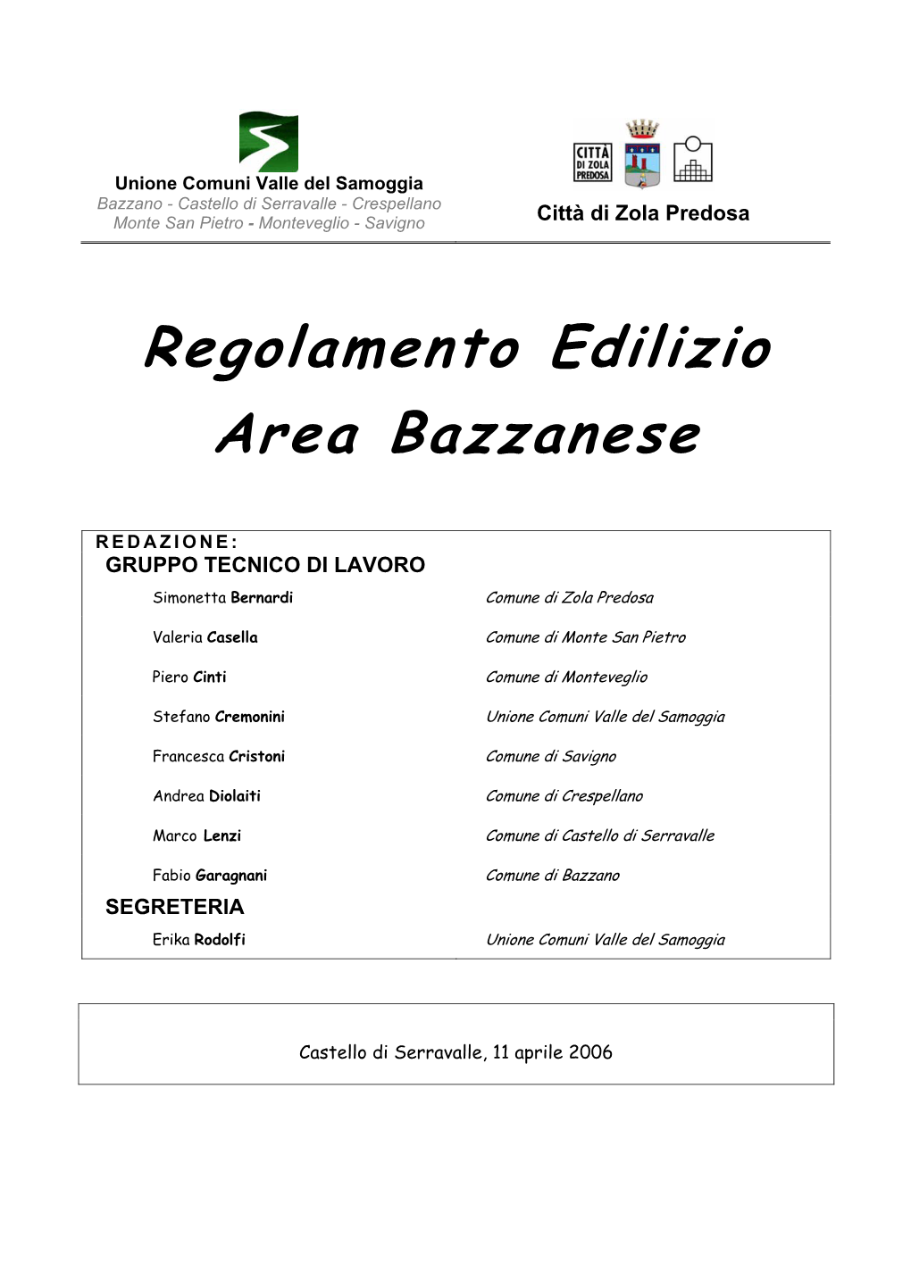 Regolamento Edilizio Area Bazzanese