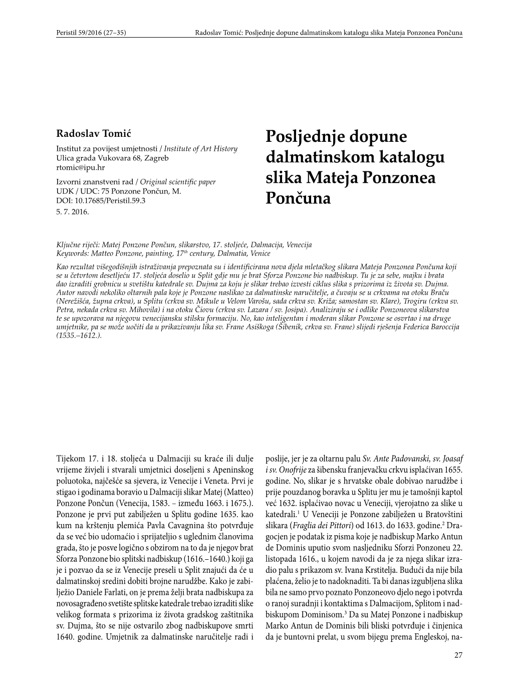 Posljednje Dopune Dalmatinskom Katalogu Slika Mateja Ponzonea Pončuna