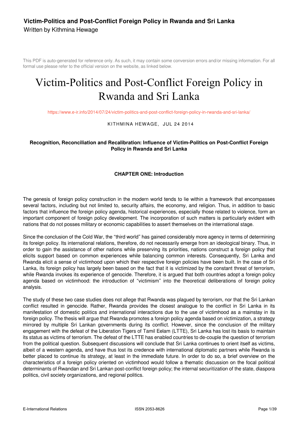 Victim-Politics and Post-Conflict Foreign Policy in Rwanda and Sri Lanka Written by Kithmina Hewage