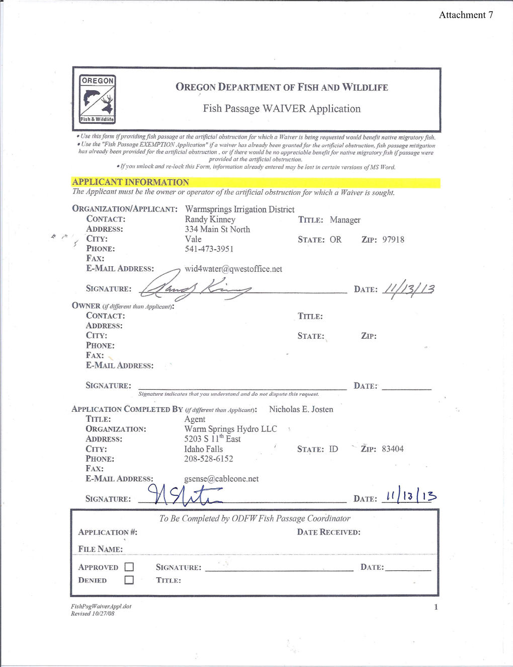 Fish Passage Waiver Application Warmsprings Hydroelectric Project - Ferc No