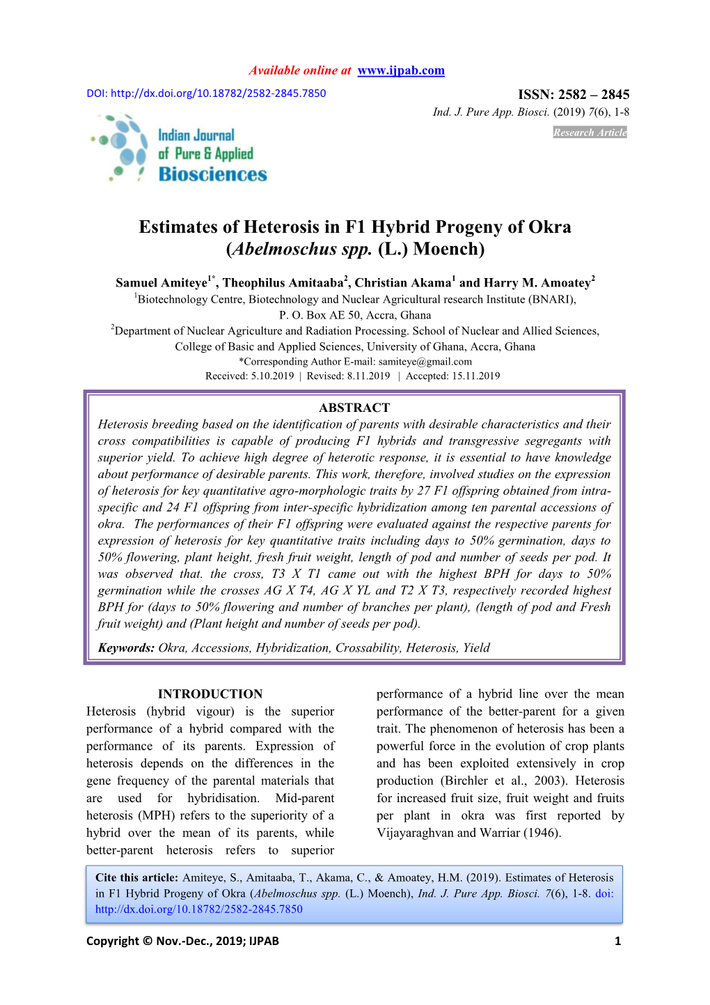 Estimates of Heterosis in F1 Hybrid Progeny of Okra (Abelmoschus Spp