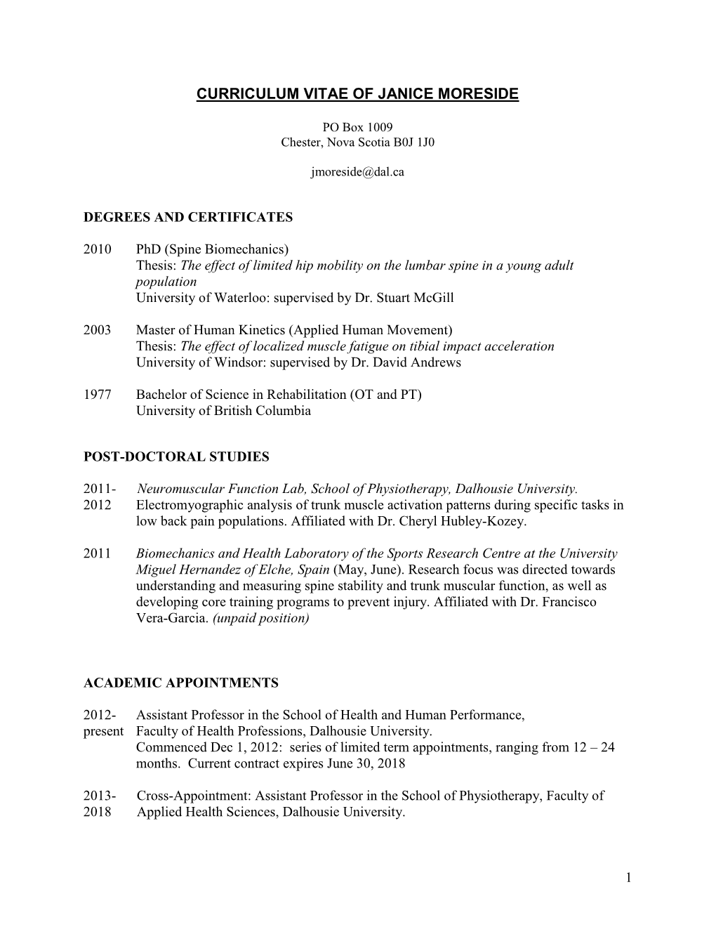 Curriculum Vitae of Janice Moreside