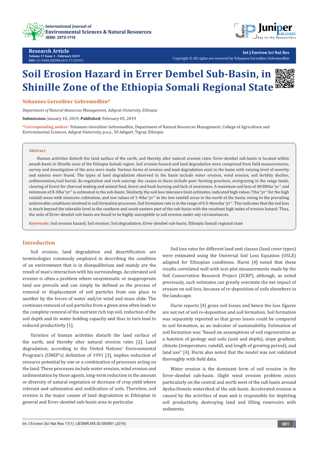 Soil Erosion Hazard in Errer Dembel Sub-Basin, in Shinille Zone of the Ethiopia Somali Regional State