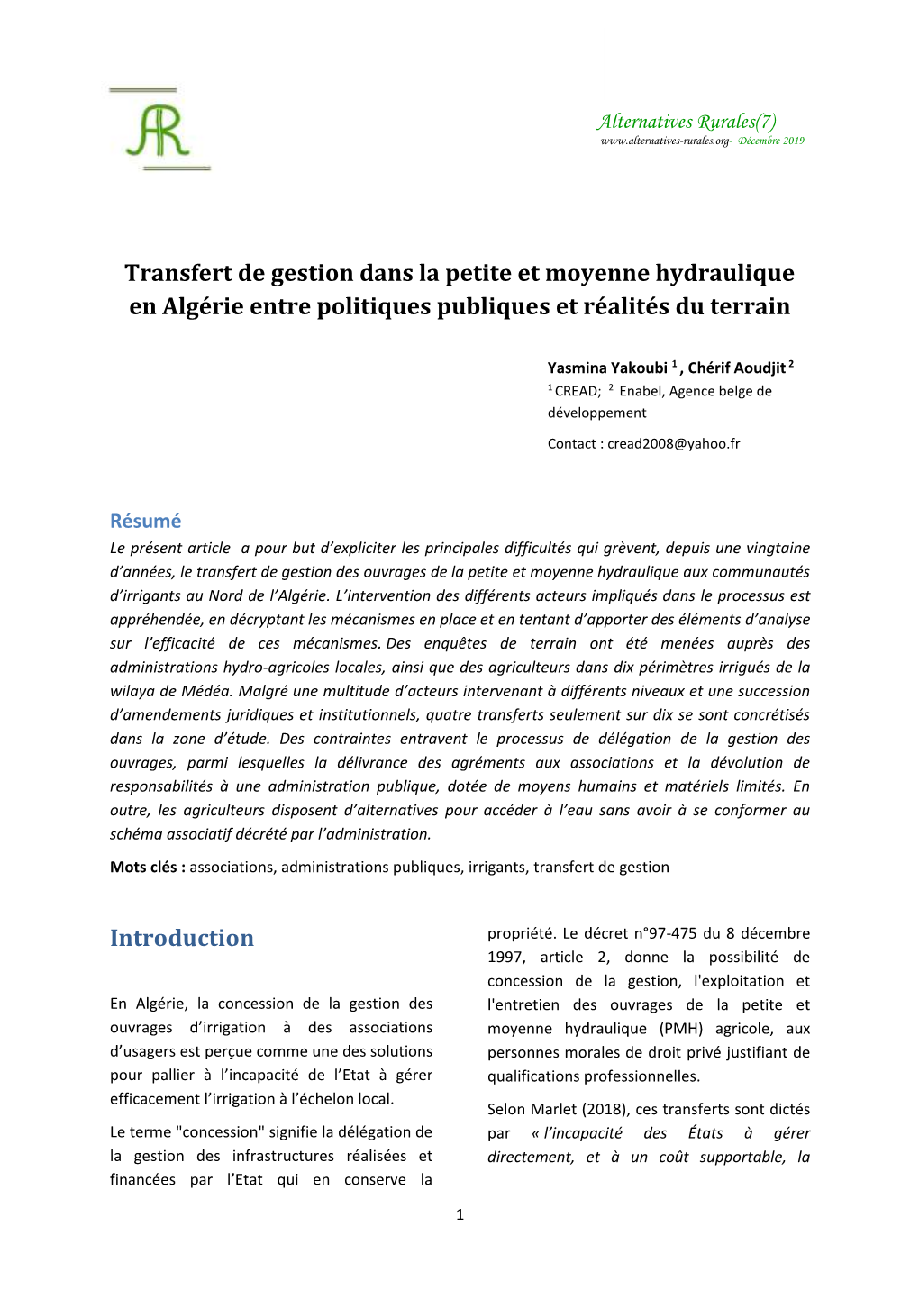 Transfert De Gestion Dans La Petite Et Moyenne Hydraulique En Algérie Entre Politiques Publiques Et Réalités Du Terrain Intr