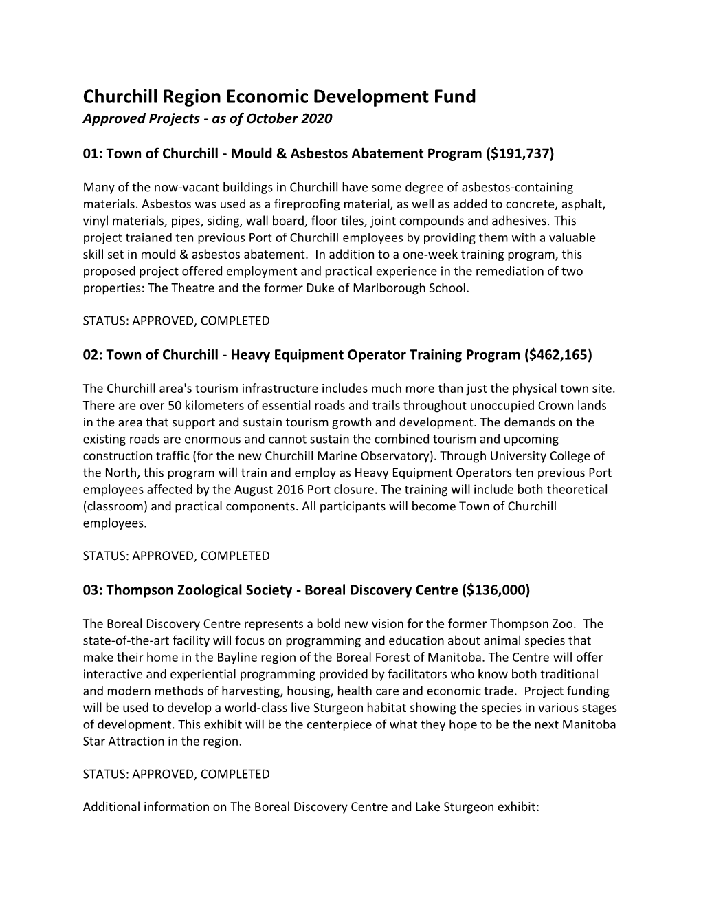 Churchill Region Economic Development Fund Approved Projects - As of October 2020