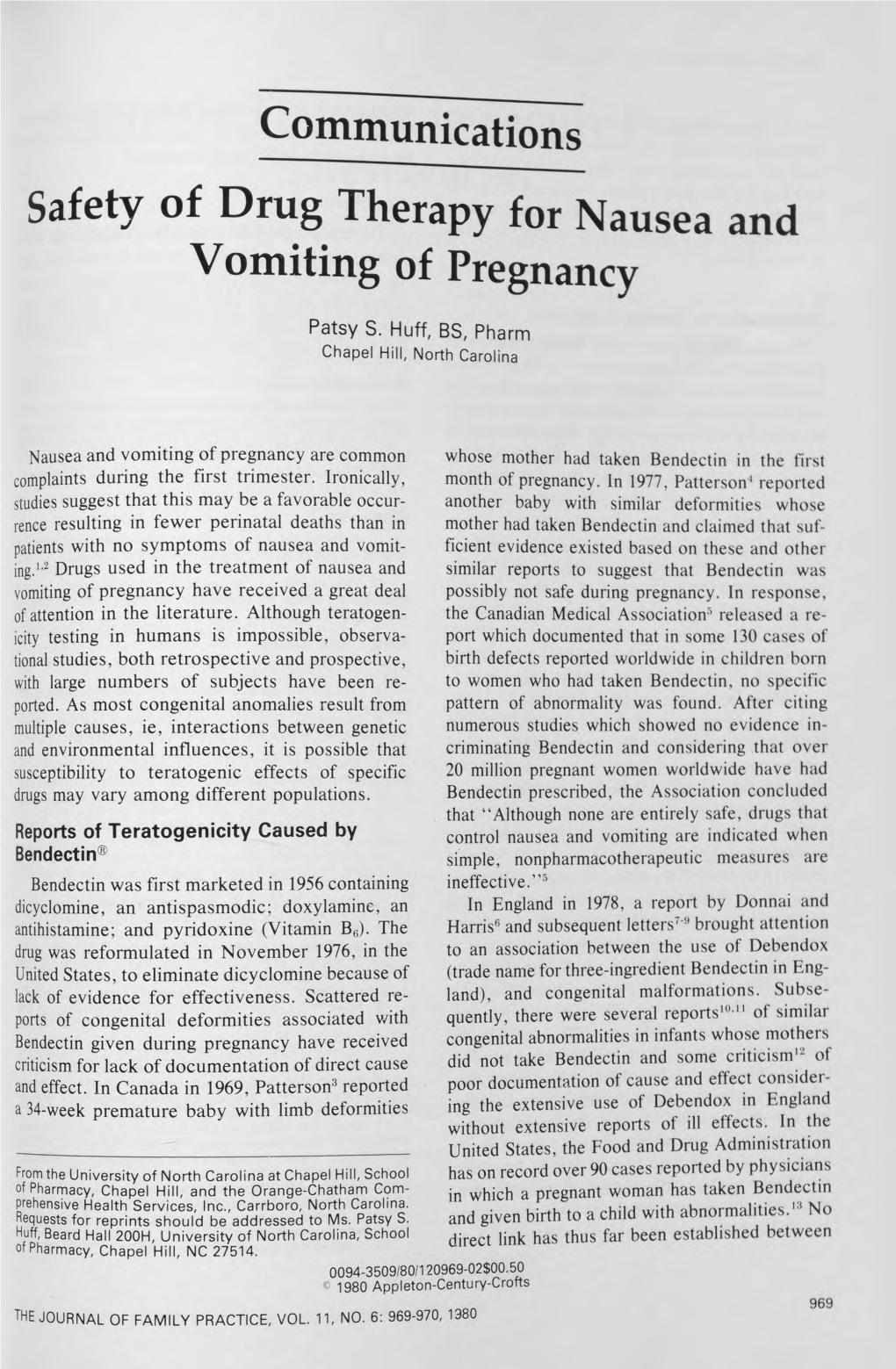 Communications Safety of Drug Therapy for Nausea and Vomiting of Pregnancy