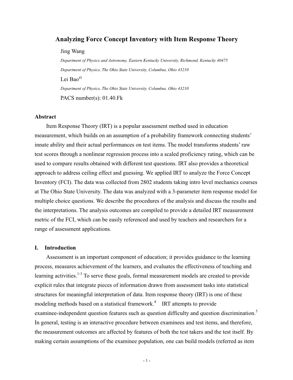 Analyzing Force Concept Inventory with Item Response Theory