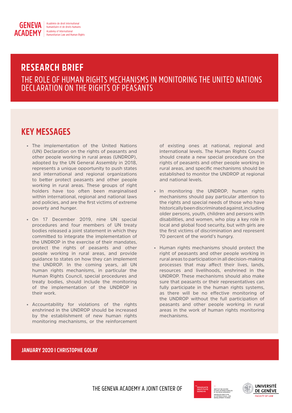 Research Brief the Role of Human Rights Mechanisms in Monitoring the United Nations Declaration on the Rights of Peasants