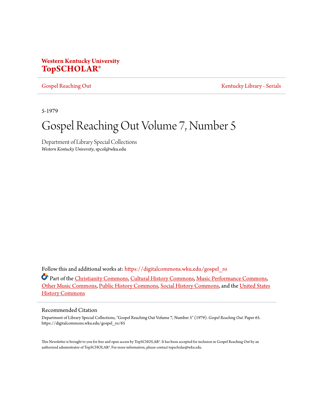 Gospel Reaching out Volume 7, Number 5 Department of Library Special Collections Western Kentucky University, Spcol@Wku.Edu