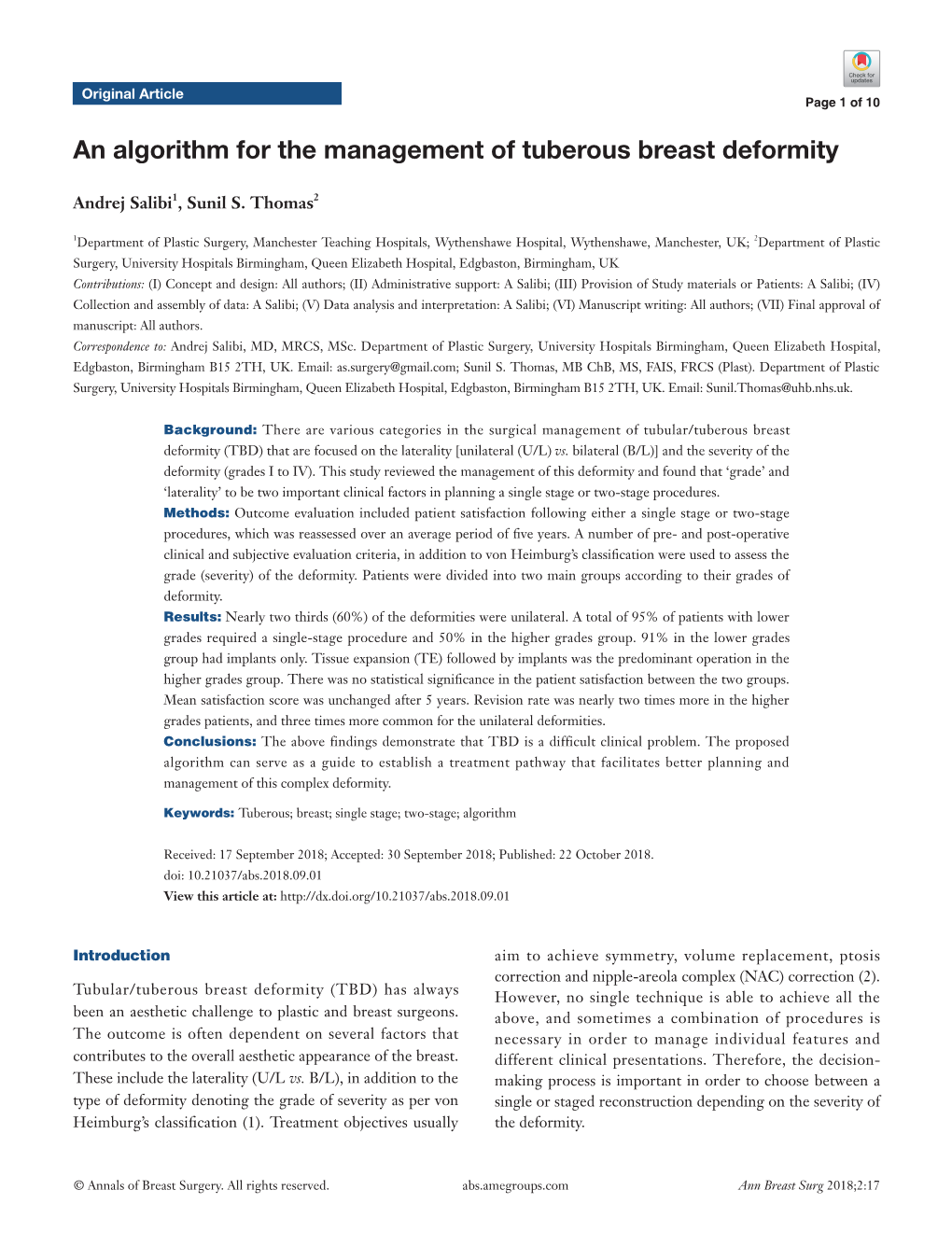 An Algorithm for the Management of Tuberous Breast Deformity