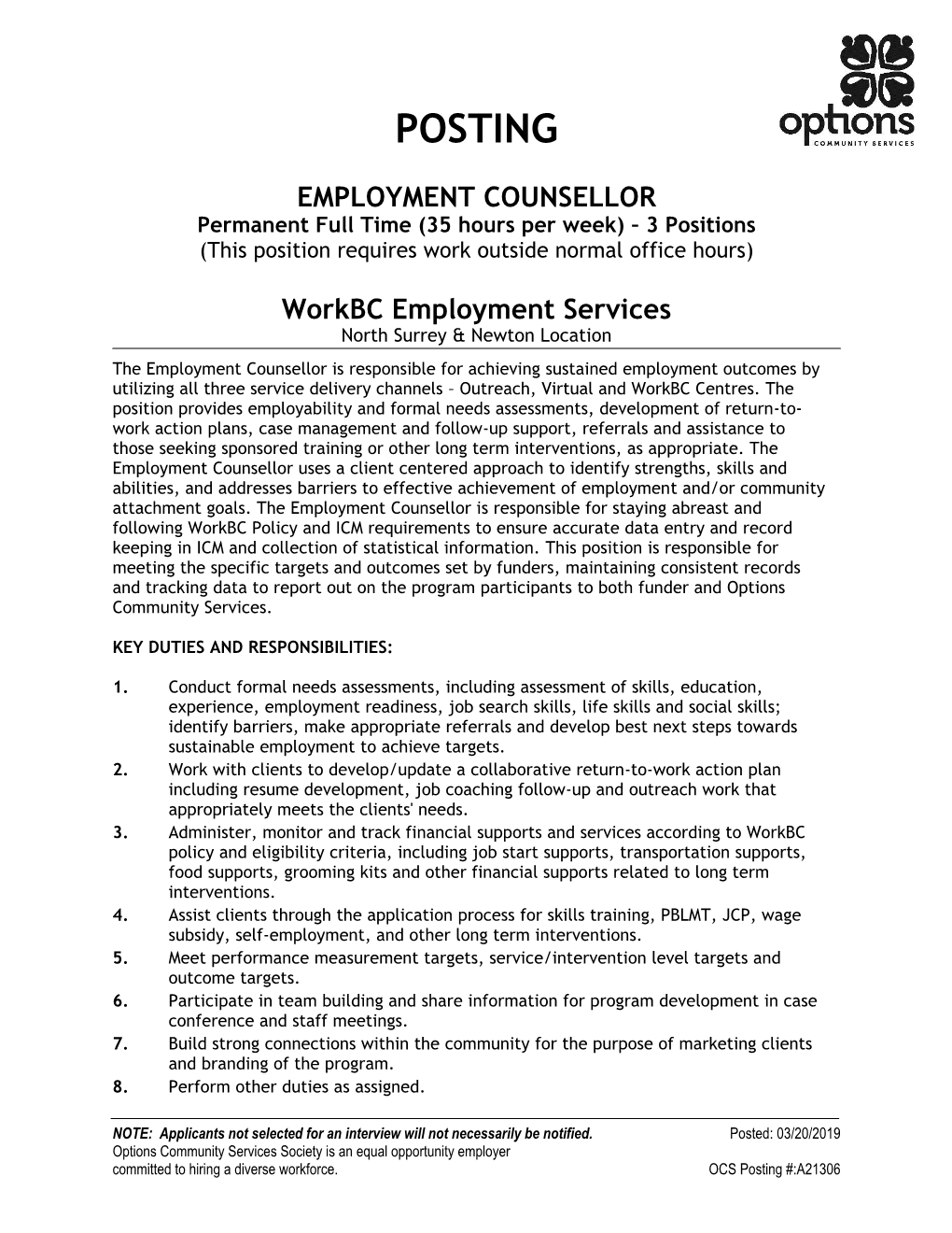 EMPLOYMENT COUNSELLOR Permanent Full Time (35 Hours Per Week) – 3 Positions (This Position Requires Work Outside Normal Office Hours)