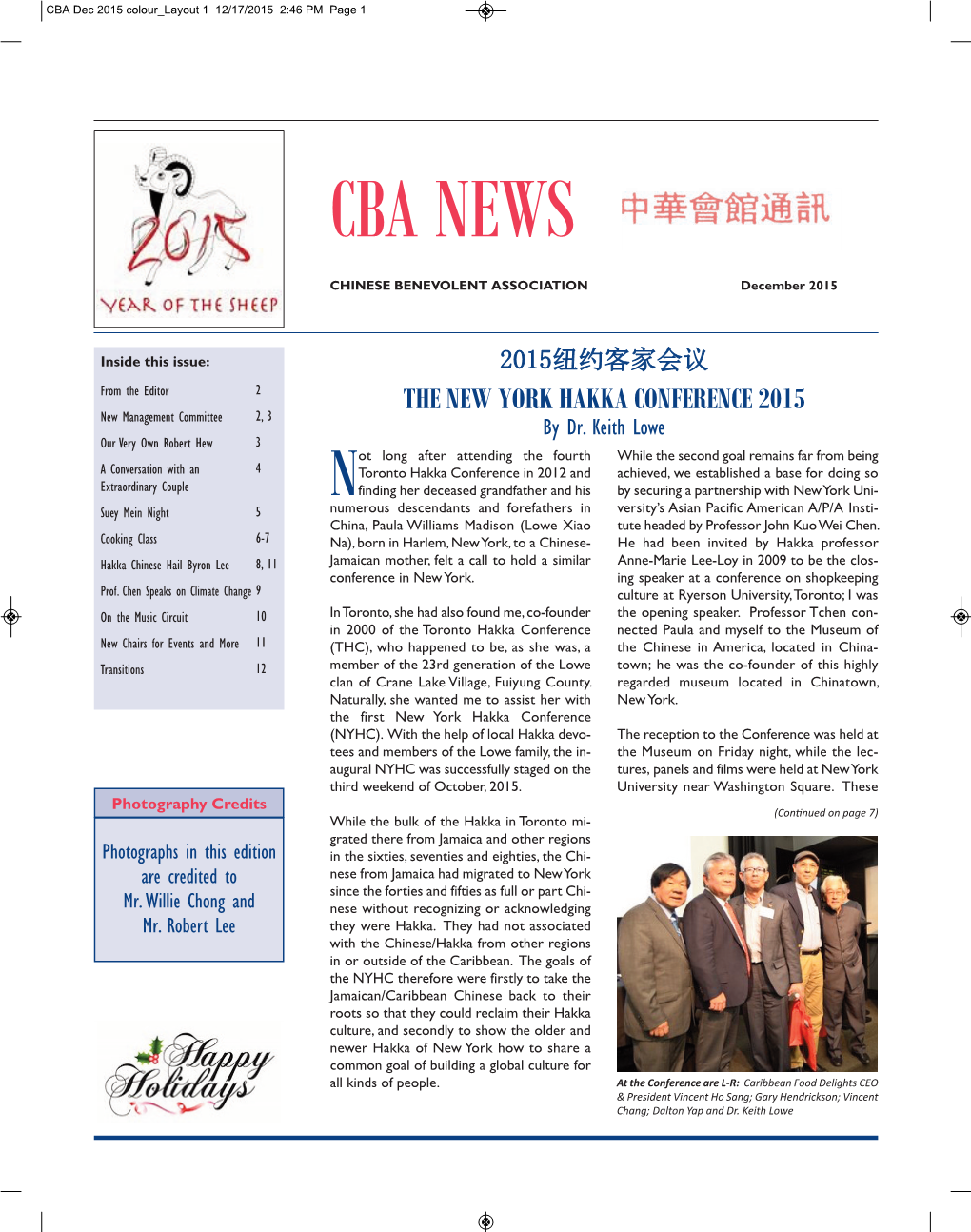 CBA NEWS CHINESE BENEVOLENT ASSOCIATION December 2015