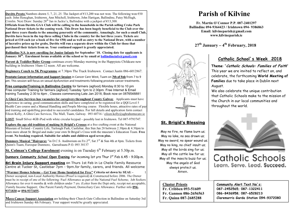 Parish Newsletter Please Forward at 10Am by Papal Nuncio – Archbishop Jude Thaddeus Okolo