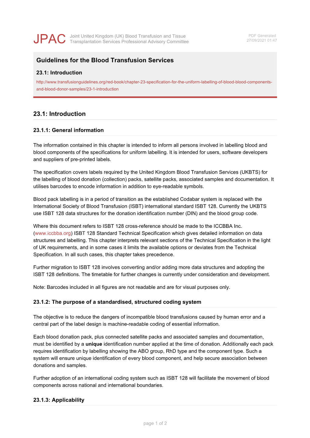 Guidelines for the Blood Transfusion Services 23.1: Introduction