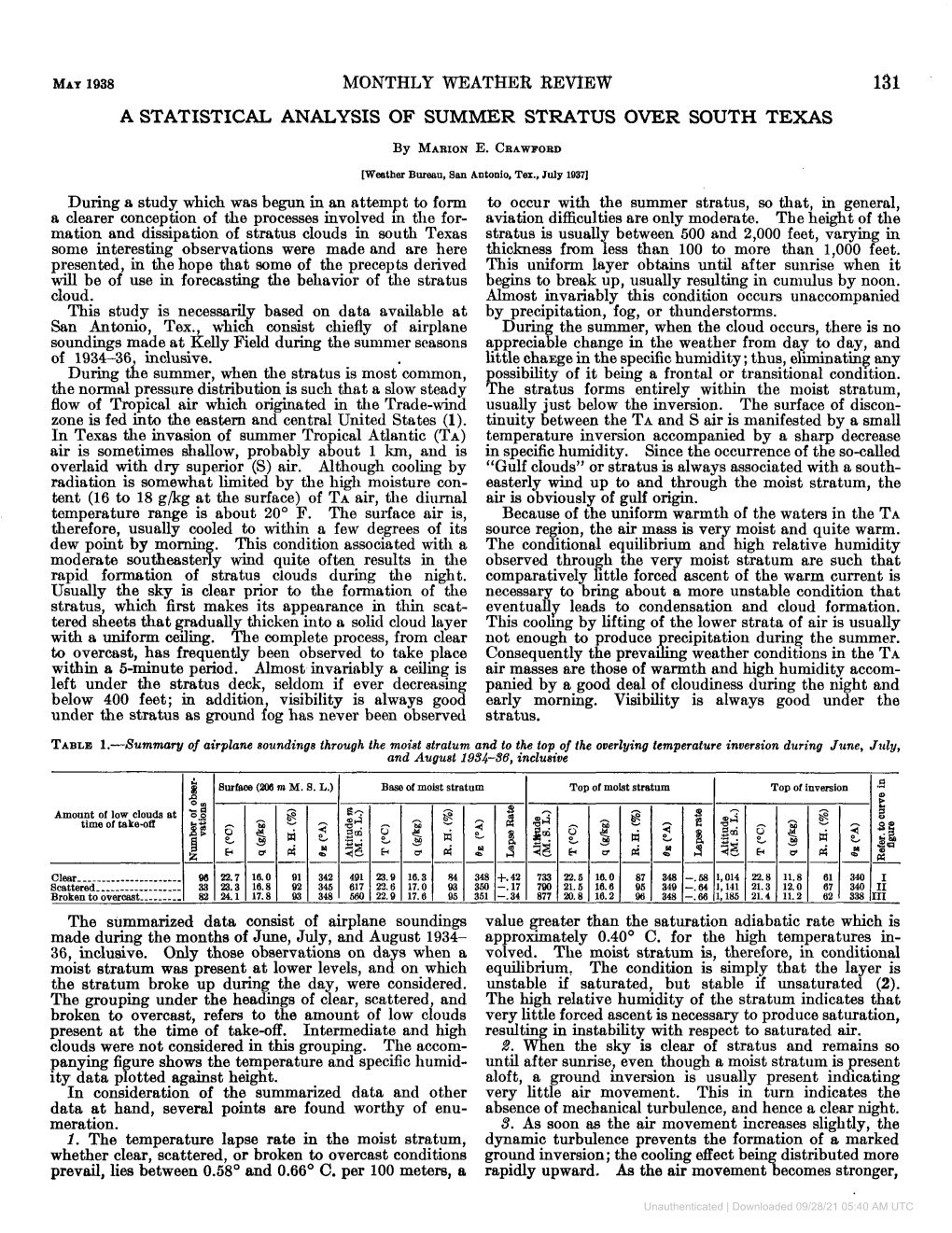 A STATISTICAL ANALYSIS of SUMMER STRATUS OVER SOUTH TEXAS by MARIONE