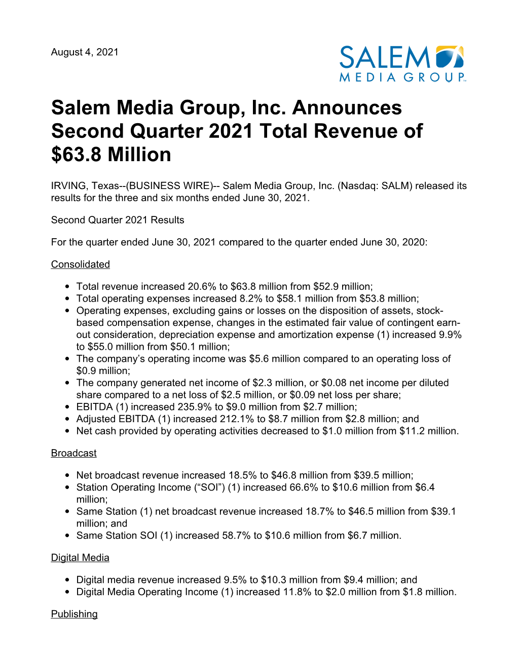 Salem Media Group, Inc. Announces Second Quarter 2021 Total Revenue of $63.8 Million