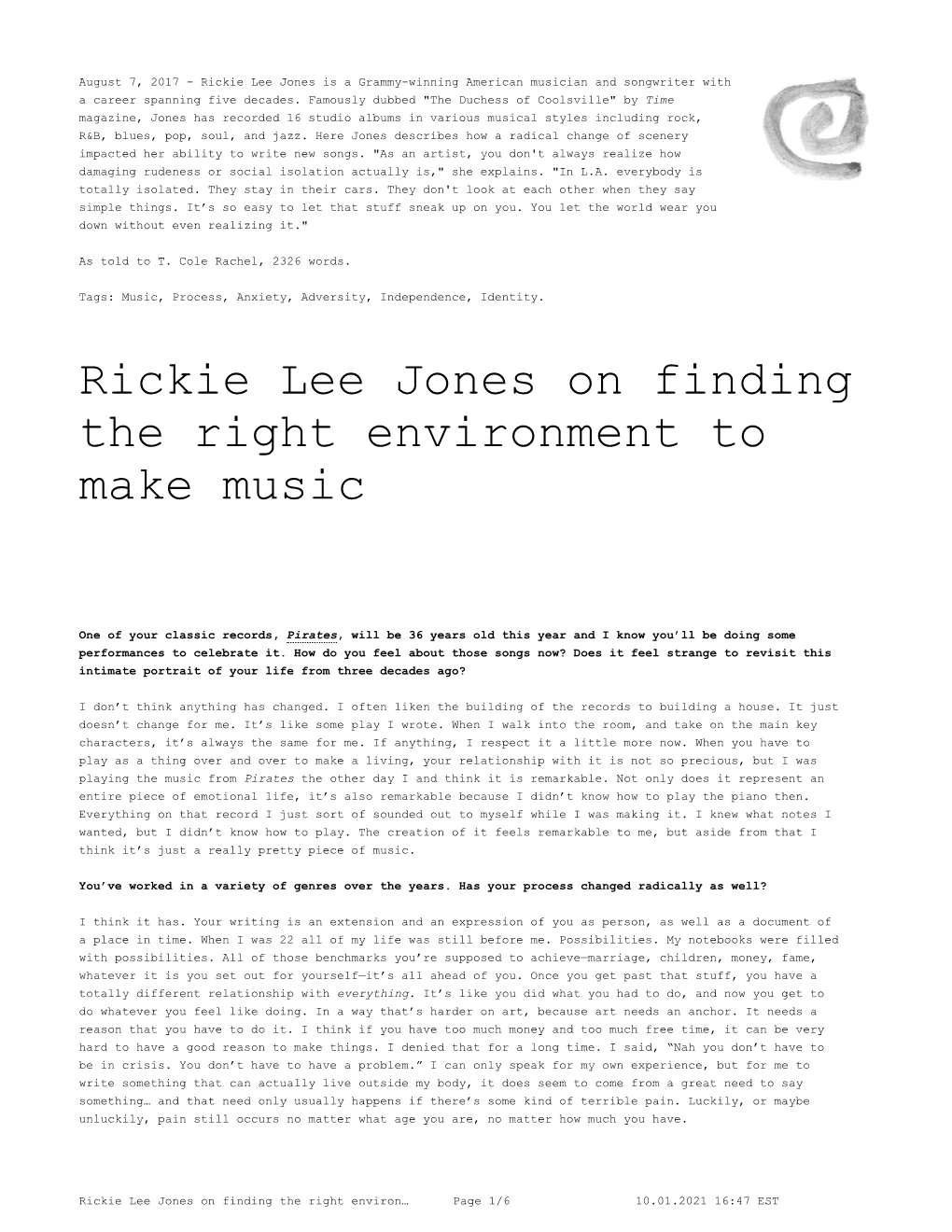 Rickie Lee Jones on Finding the Right Environment to Make Music