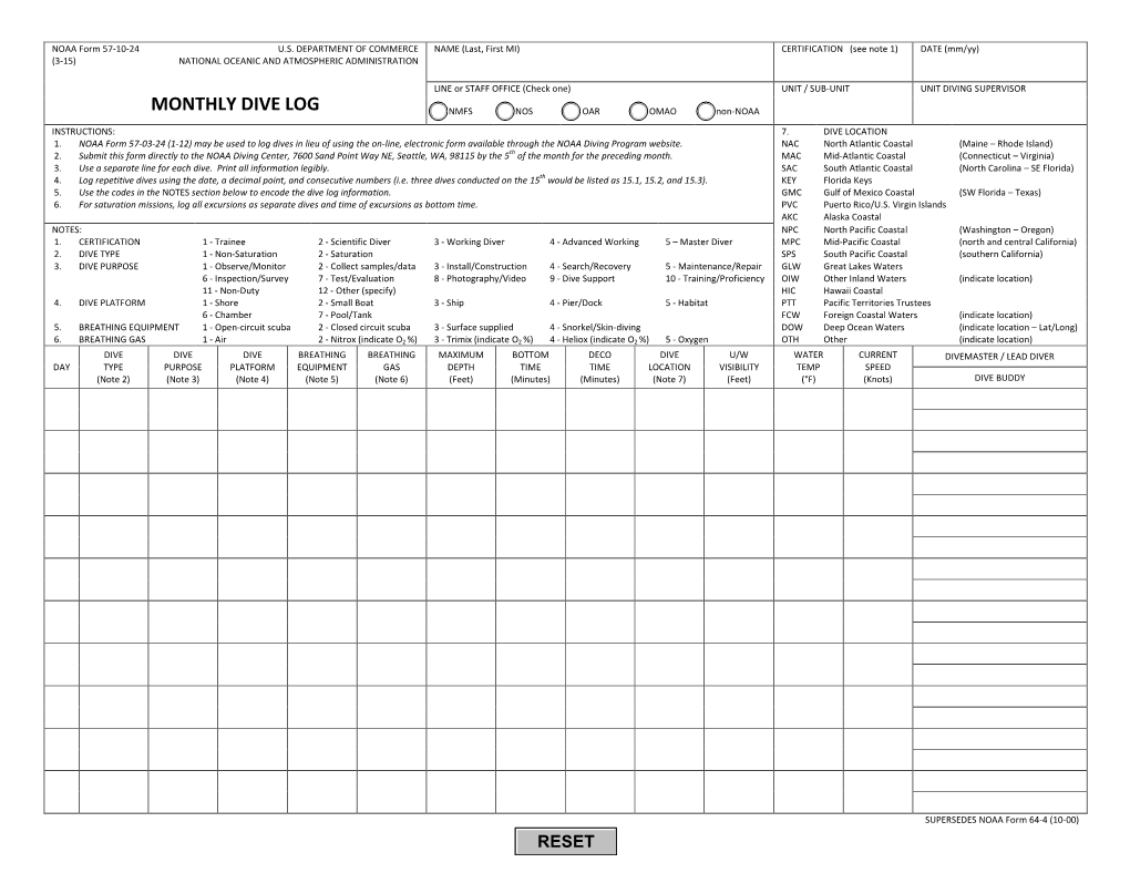 NOAA Form 57-03-24 Monthly Dive