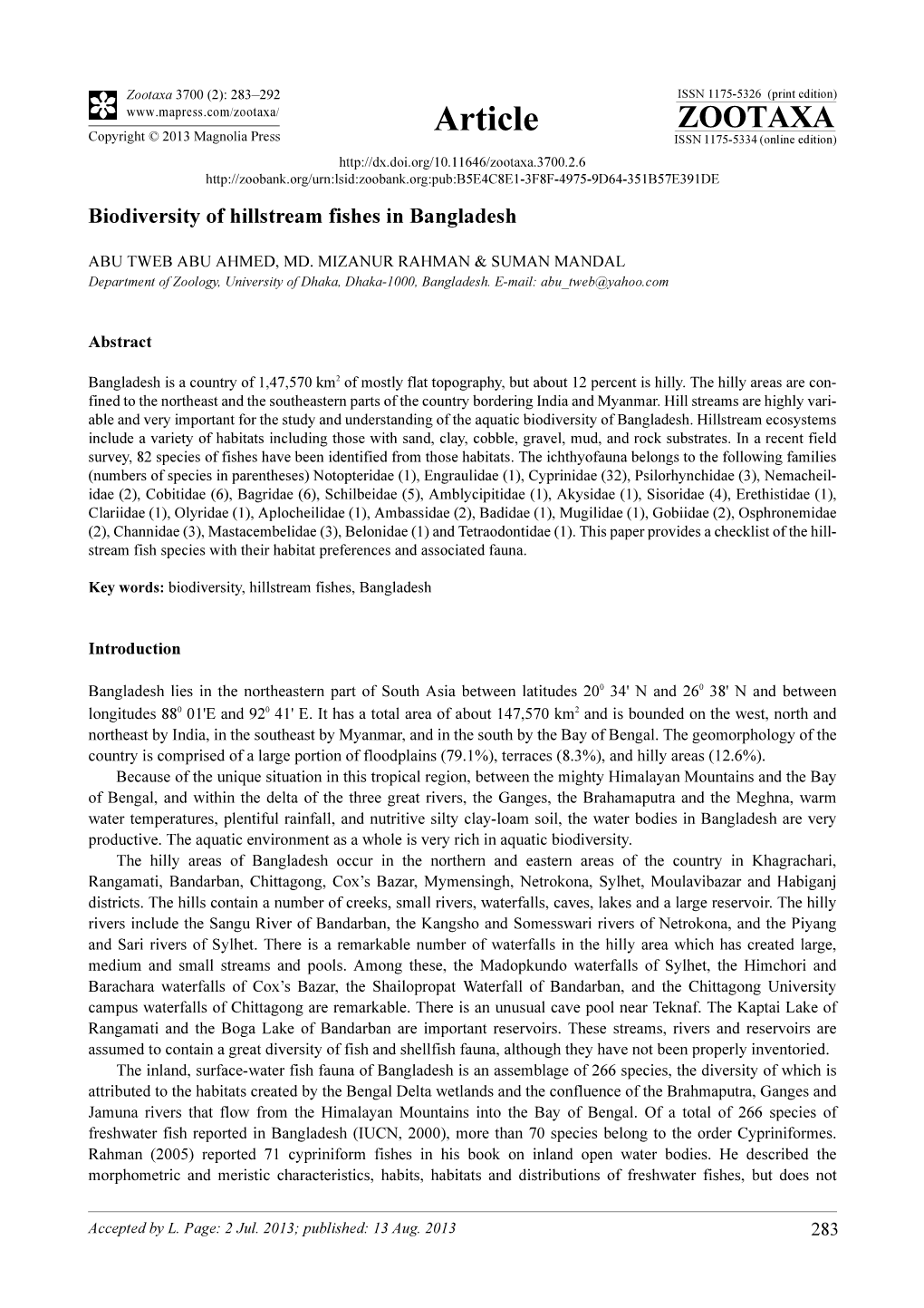 Biodiversity of Hillstream Fishes in Bangladesh