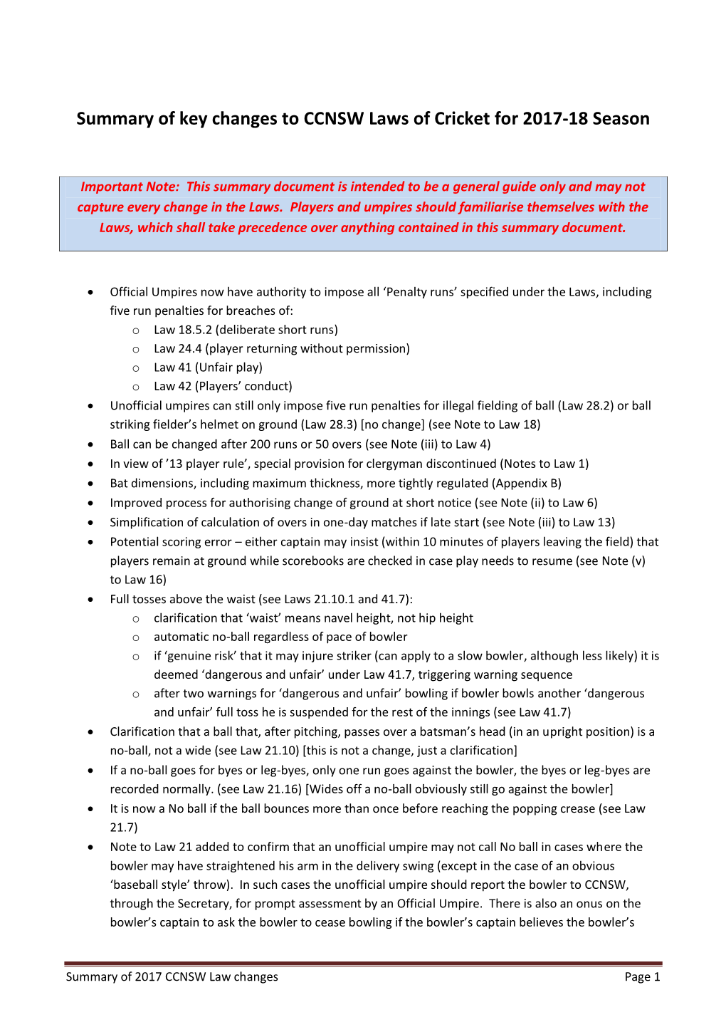 Summary of Key Changes to CCNSW Laws of Cricket for 2017-18 Season