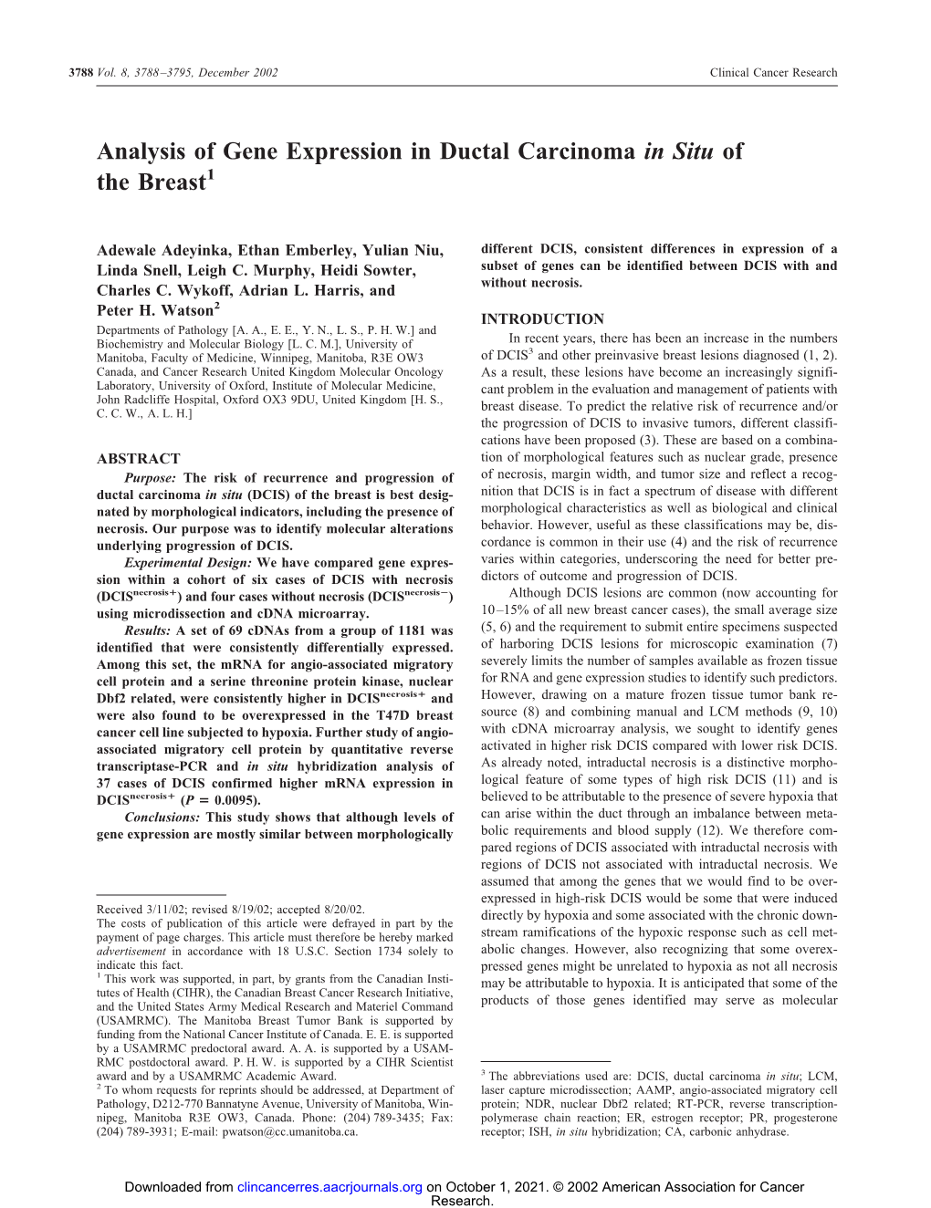 Analysis of Gene Expression in Ductal Carcinoma in Situ of the Breast1