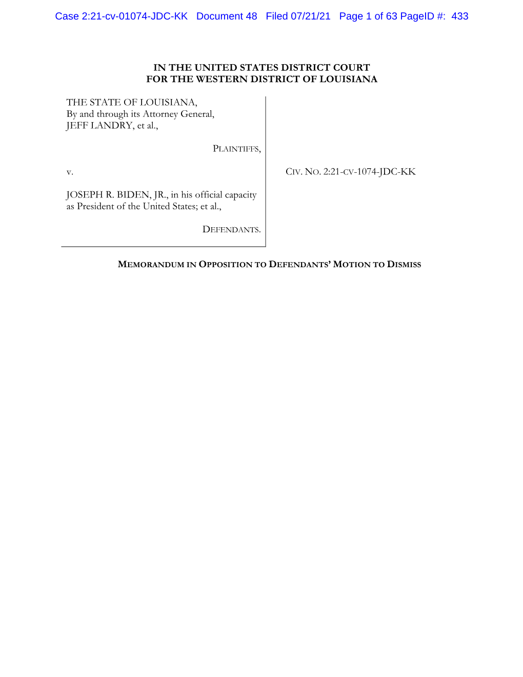 Case 2:21-Cv-01074-JDC-KK Document 48 Filed 07/21/21 Page 1 of 63 Pageid #: 433