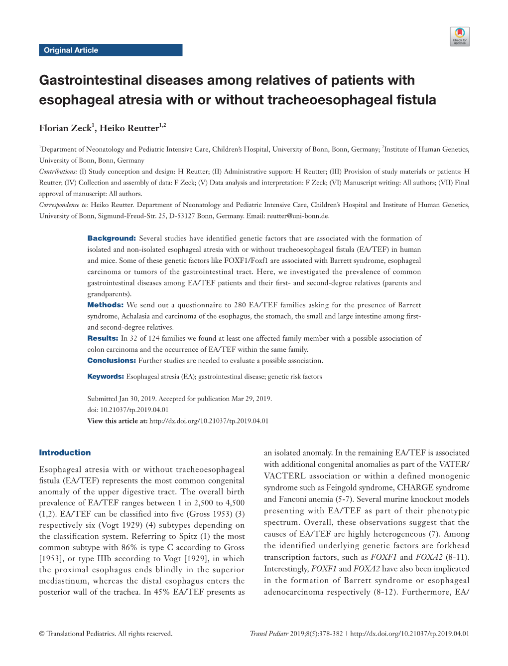 Gastrointestinal Diseases Among Relatives of Patients with Esophageal Atresia with Or Without Tracheoesophageal Fistula