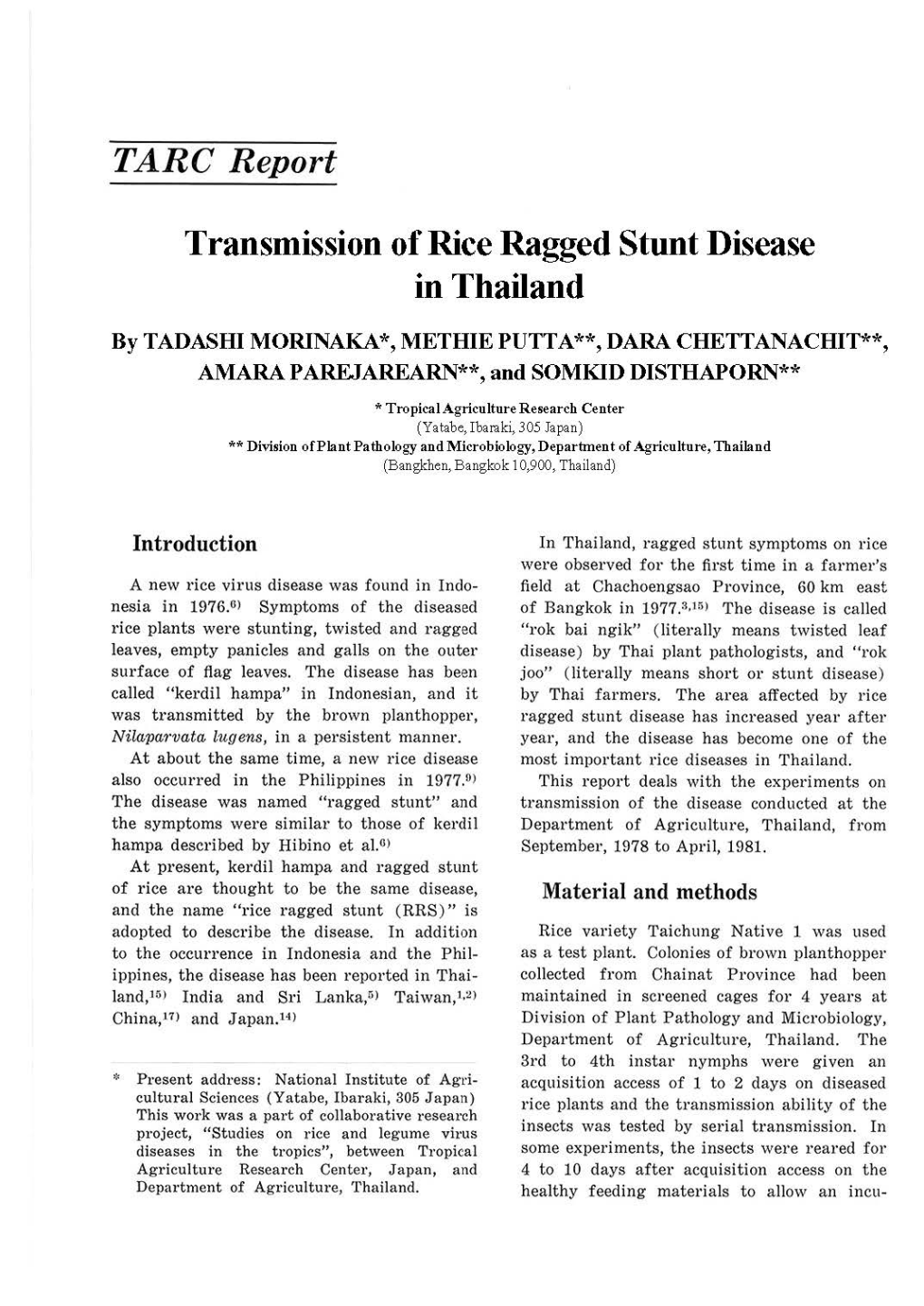 TARC Report Transmission of Rice Ragged Stunt Disease in Thailand