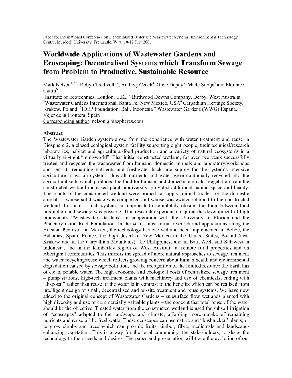 Worldwide Applications of Wastewater Gardens and Ecoscaping: Decentralised Systems Which Transform Sewage from Problem to Productive, Sustainable Resource