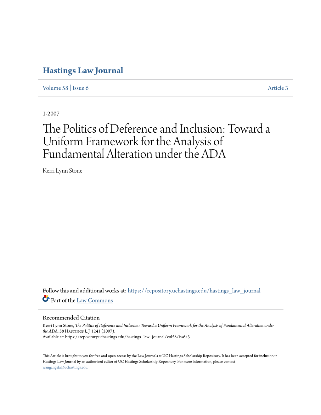Toward a Uniform Framework for the Analysis of Fundamental Alteration Under the ADA Kerri Lynn Stone