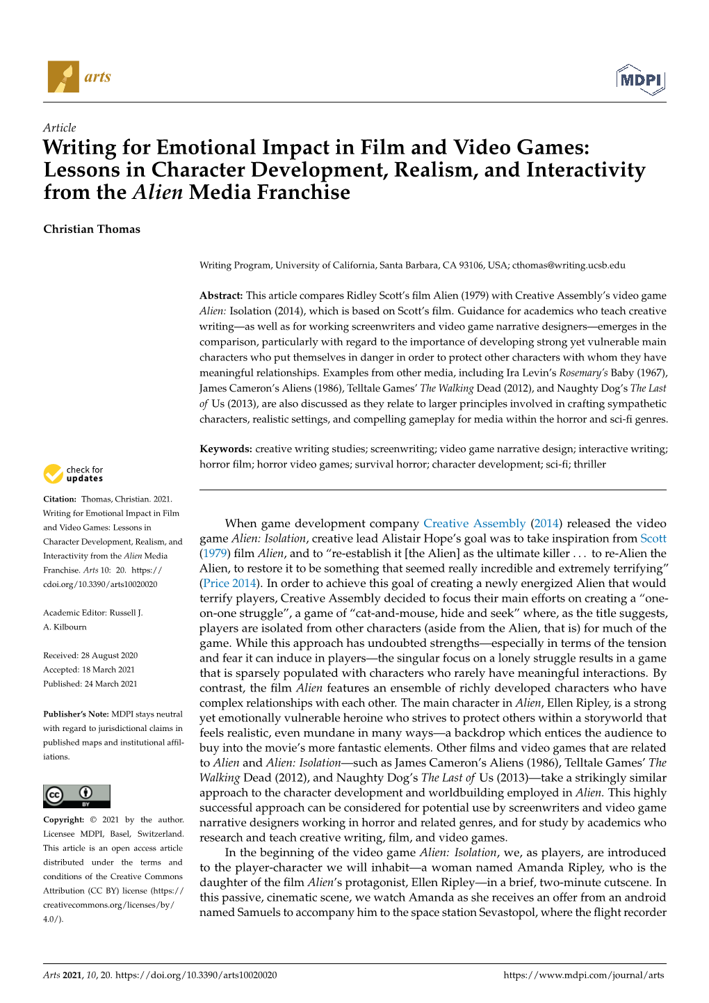 Writing for Emotional Impact in Film and Video Games: Lessons in Character Development, Realism, and Interactivity from the Alien Media Franchise